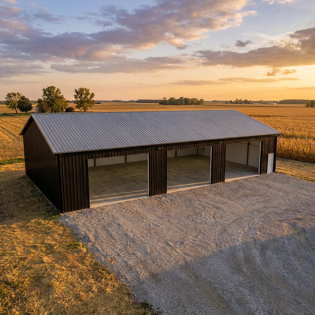 Clear-span post-frame pole barn building with open interior floor plan in Indiana