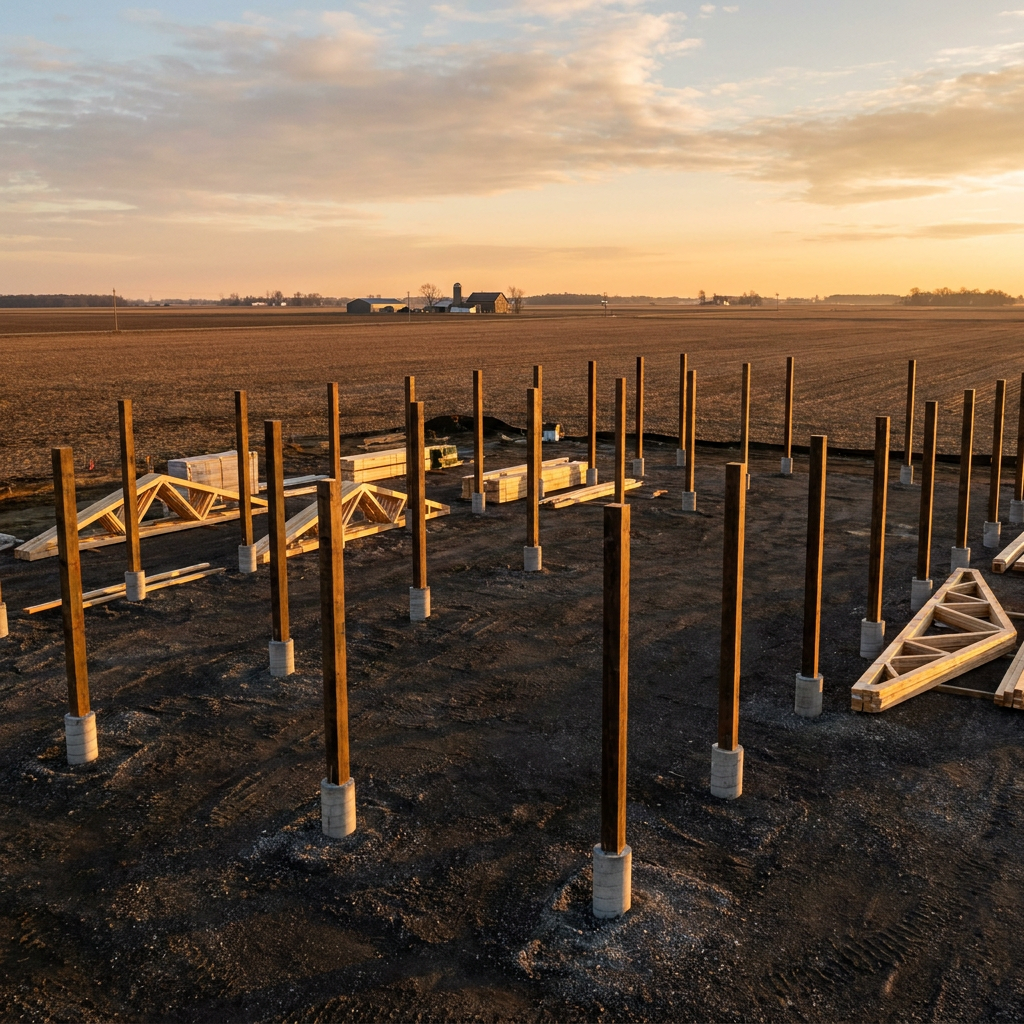 Post-frame building foundation with concrete piers and embedded columns on Indiana commercial construction site