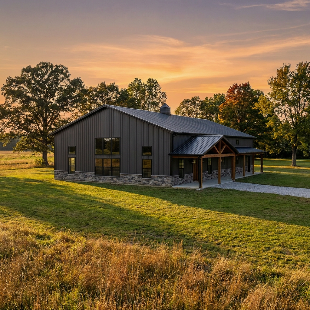 Modern barndominium pole barn home with metal siding on rural Indiana property