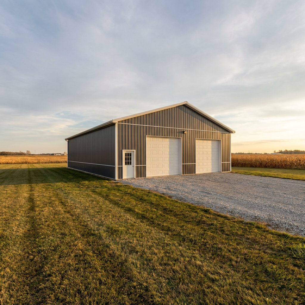 Large post-frame hobby shop with overhead doors on rural Indiana property
