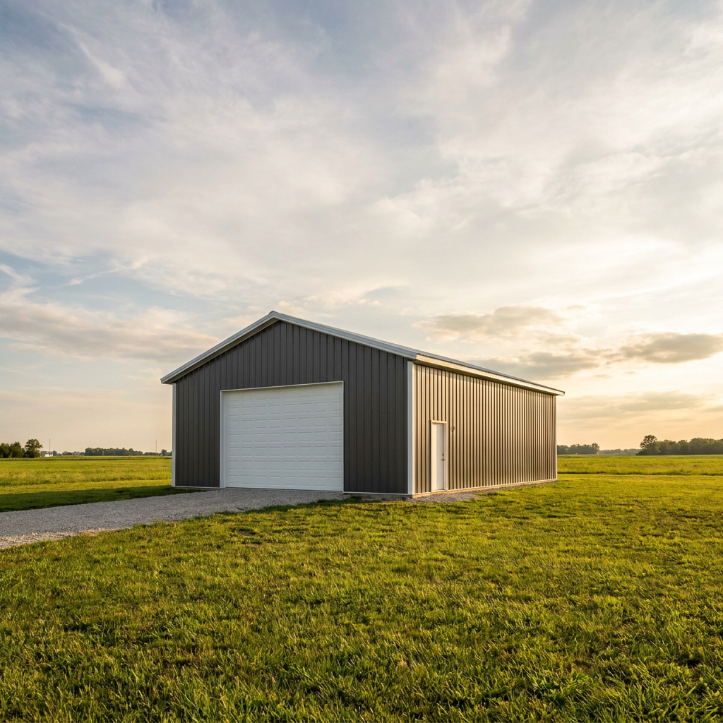 New 30x40 pole barn building with steel siding on rural Indiana property
