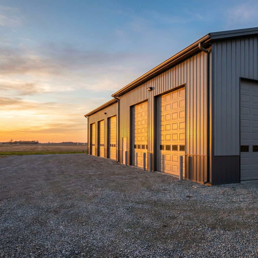 Modern post-frame pole barn commercial building on rural Indiana property