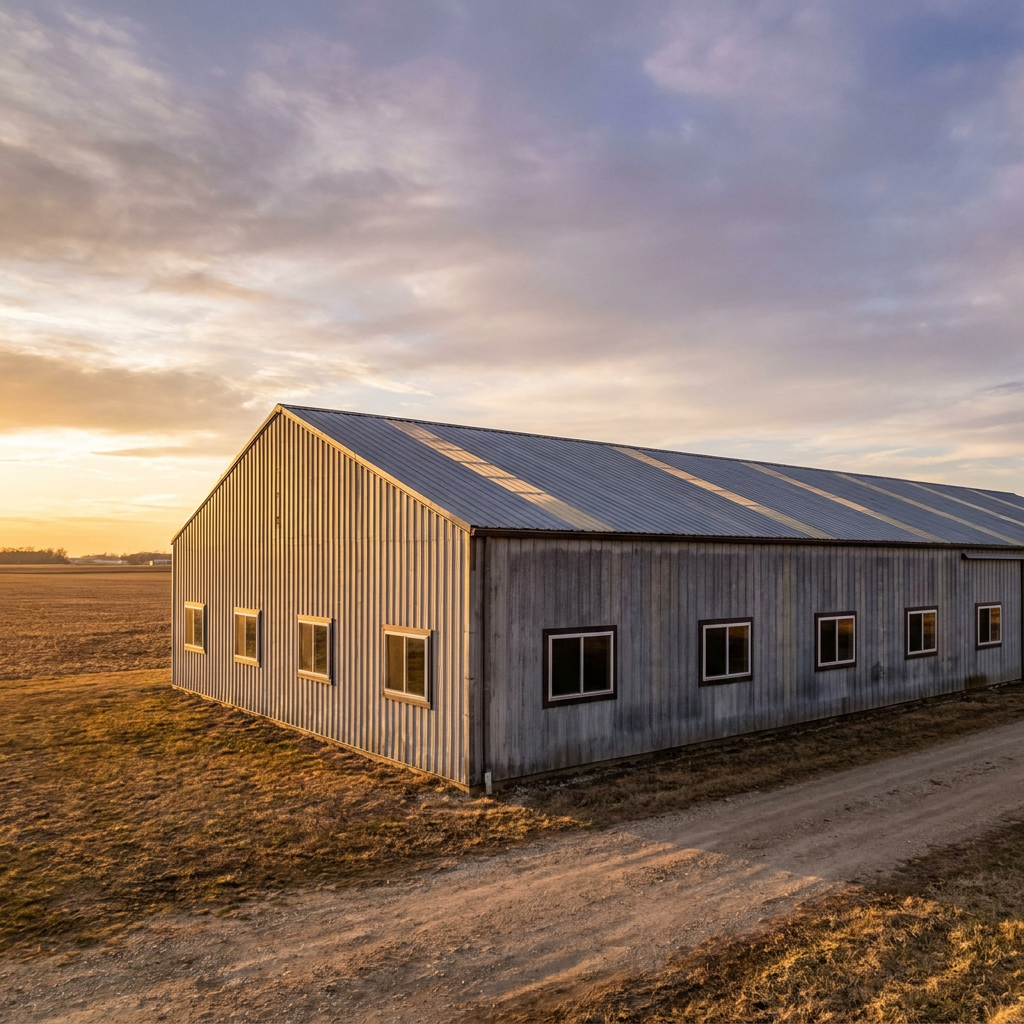 Post-frame building with pole barn windows and roof skylights in Indiana