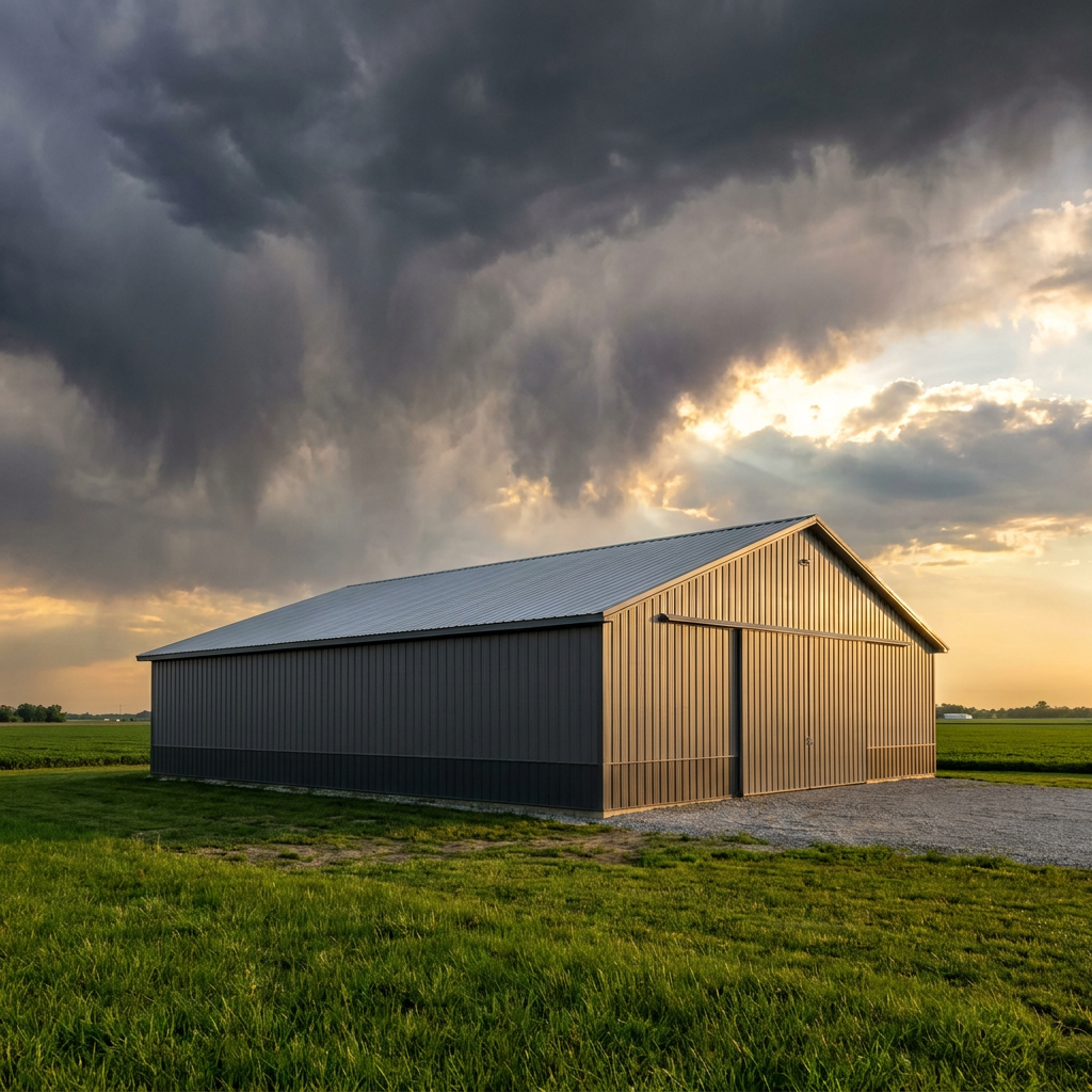Wind-resistant pole barn design with steel cladding on flat Indiana farmland under storm clouds