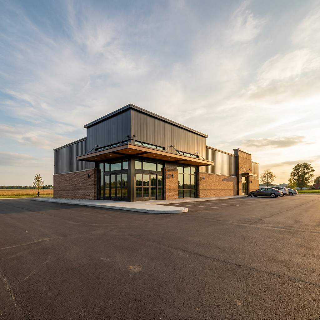 Modern post-frame retail building with brick wainscot and glass storefront in Indiana