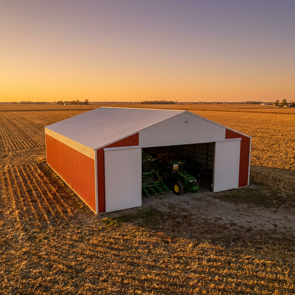 Post-frame agricultural pole barn for farming equipment storage in rural Indiana