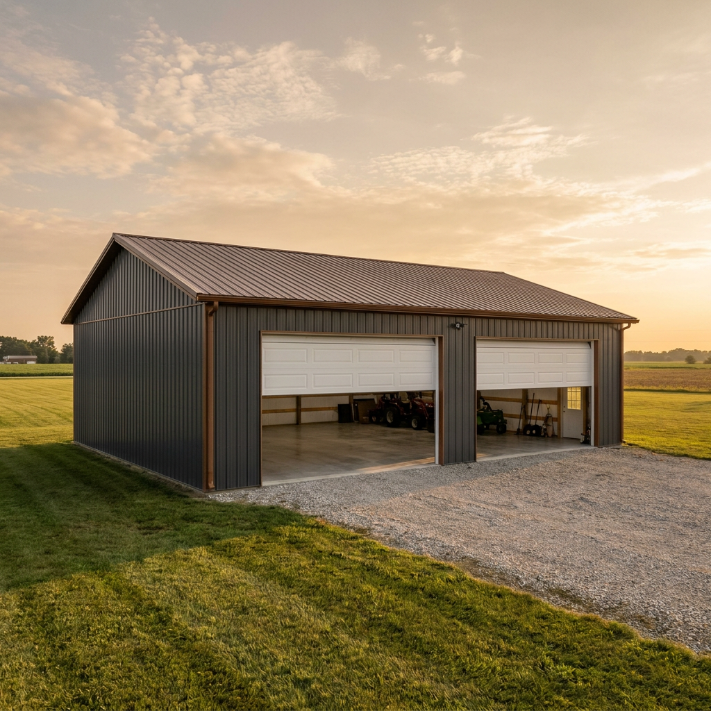 Post-frame garage with overhead doors on a rural Indiana property showing pole barn garage cost scope