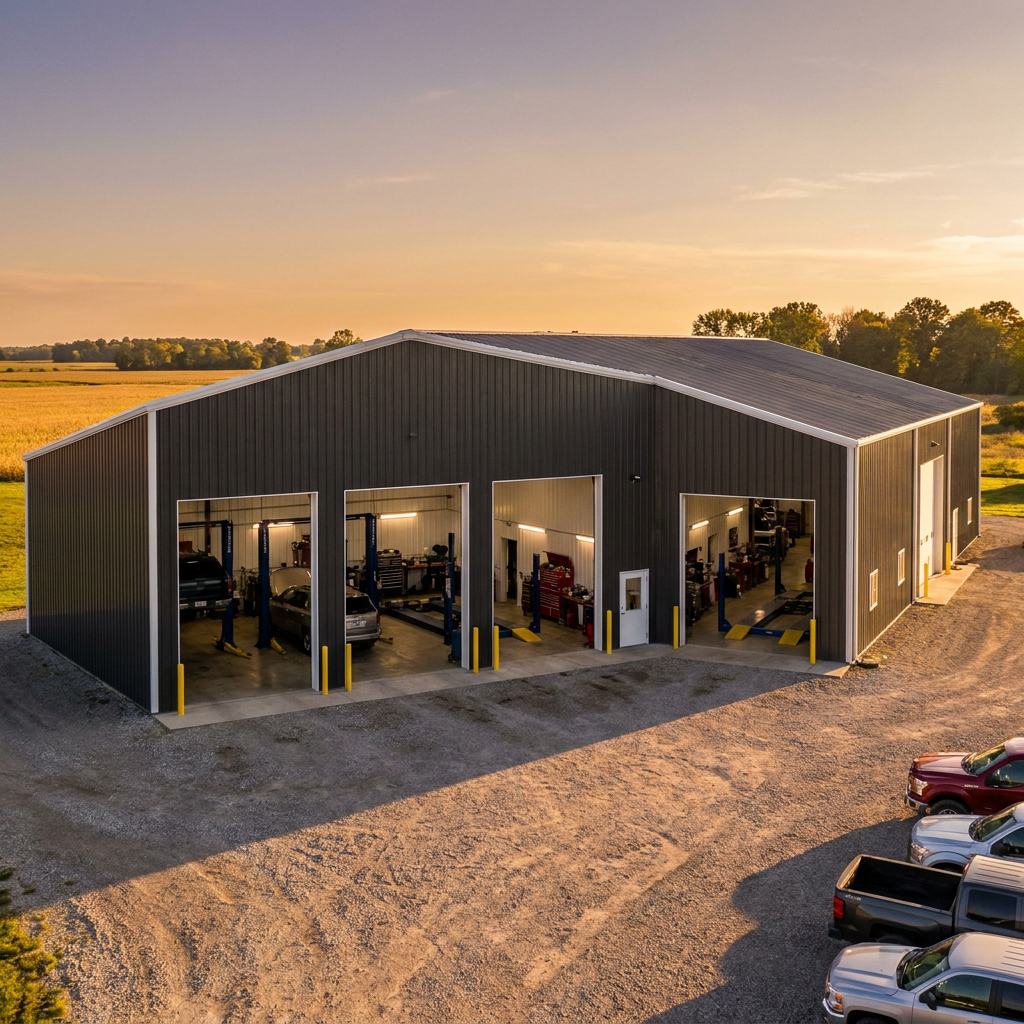 Pole barn auto shop building with multiple service bays in rural Indiana