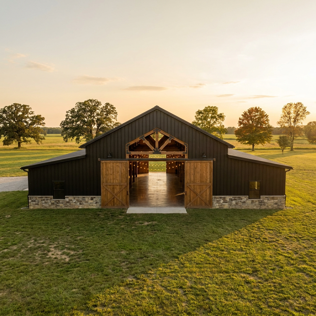 Large pole barn event venue wedding barn with open doors in rural Indiana