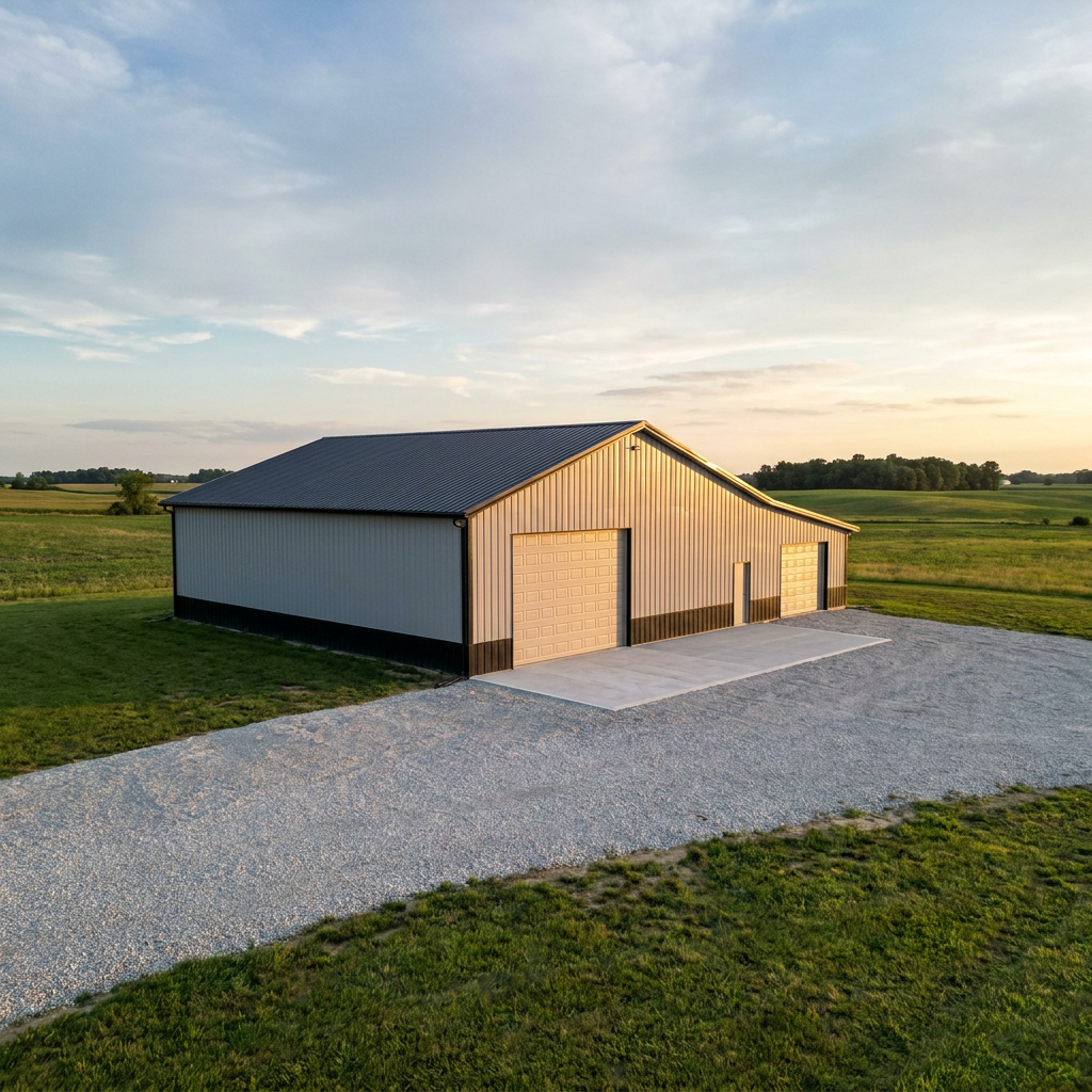 Newly rebuilt pole barn after storm damage on rural Indiana farmland with fresh metal siding