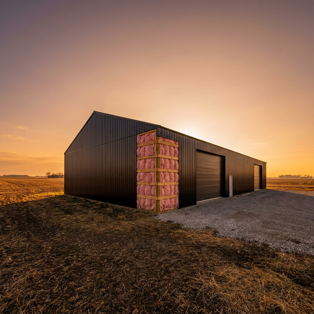 Commercial post-frame insulation in an Indiana pole barn building with metal cladding