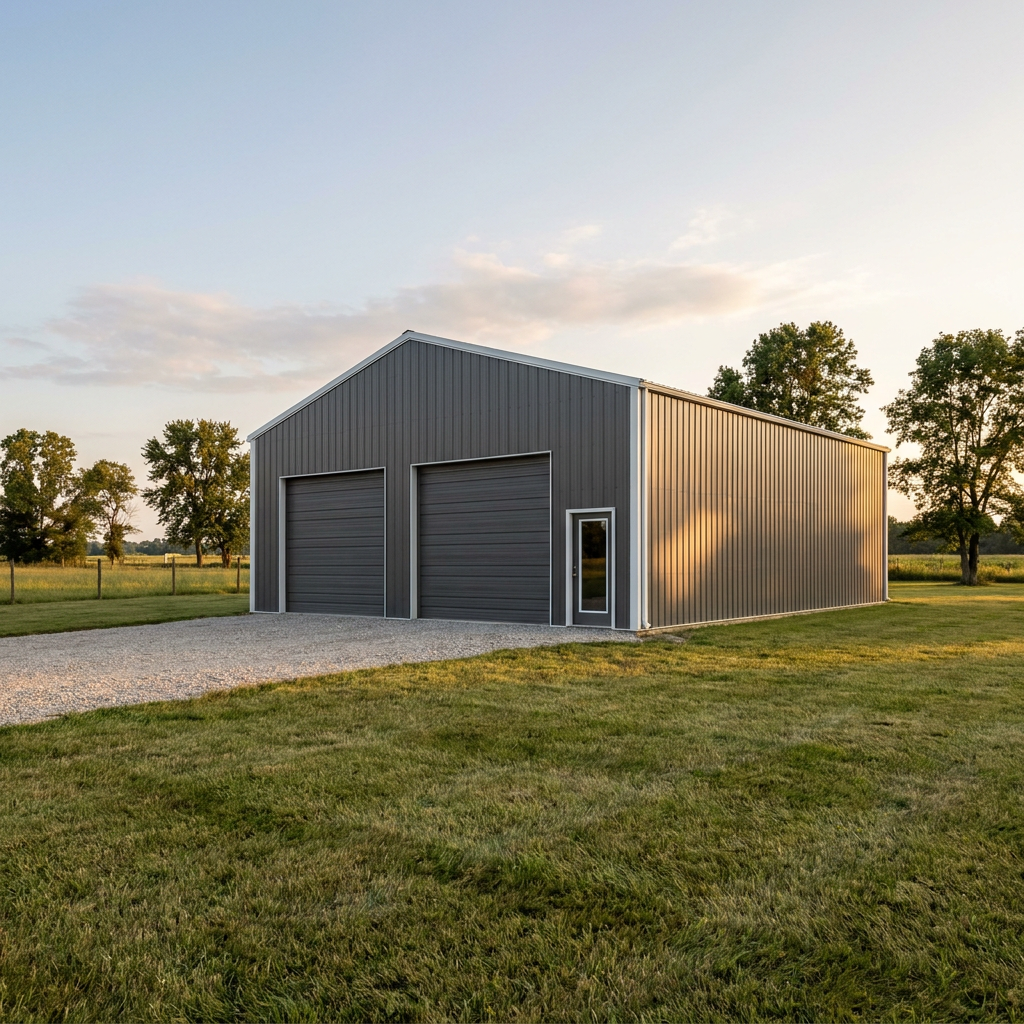 40x60 pole barn hobby shop with overhead doors on rural Indiana property