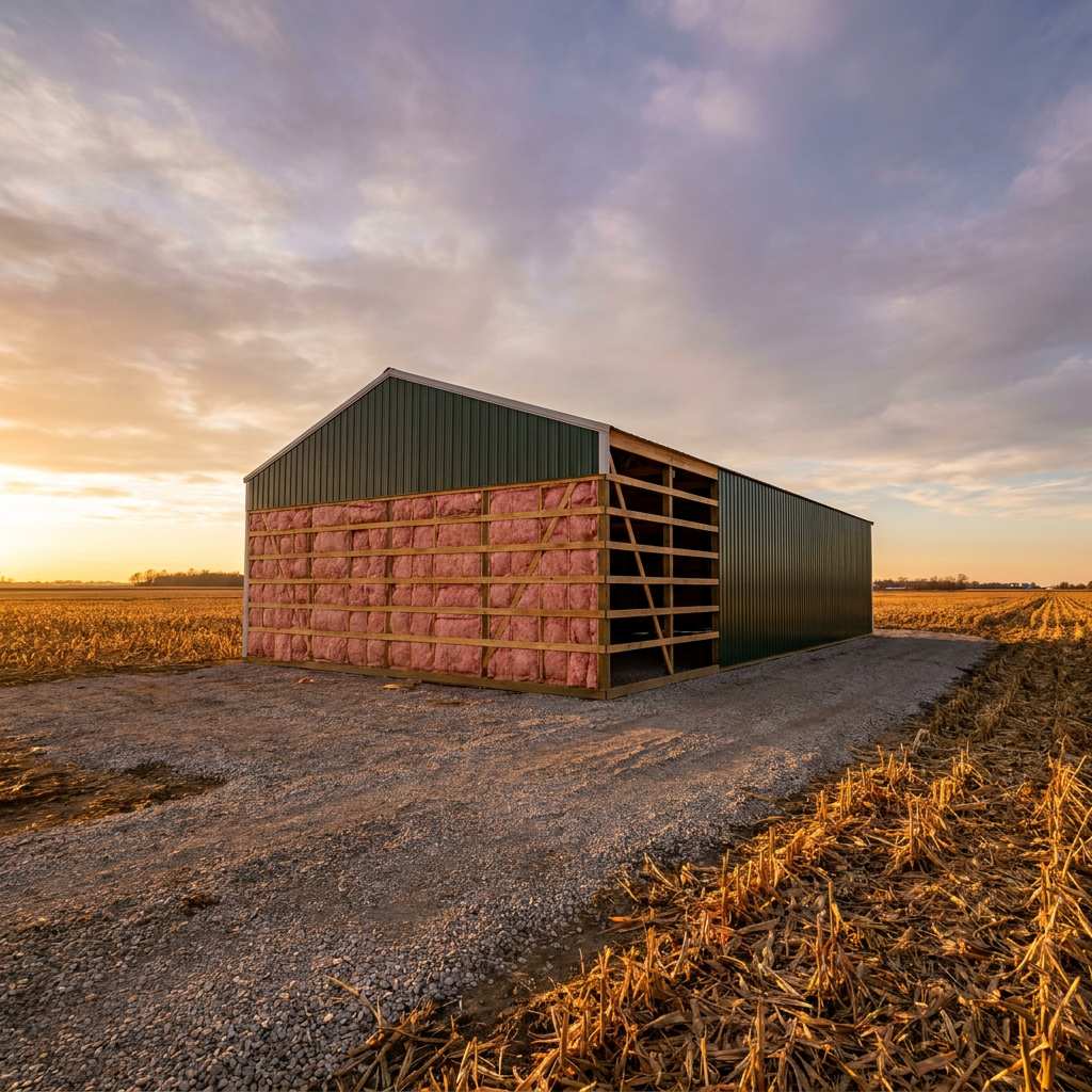 Insulated post-frame hobby shop building with fiberglass insulation in Indiana