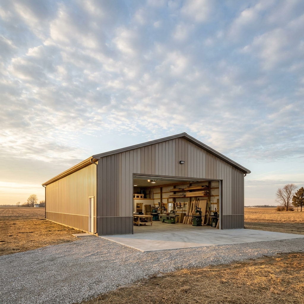 Post-frame woodworking shop building with open overhead door on rural Indiana property