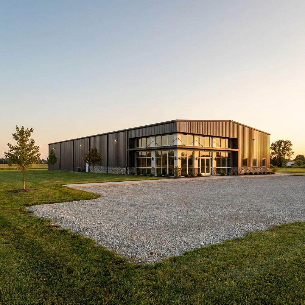 Large commercial pole barn building with metal siding in rural Indiana landscape