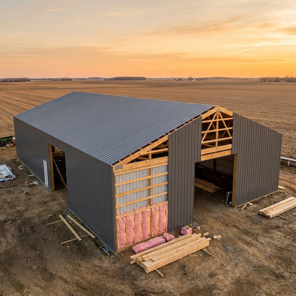 Commercial pole barn insulation installation on post-frame building in Indiana