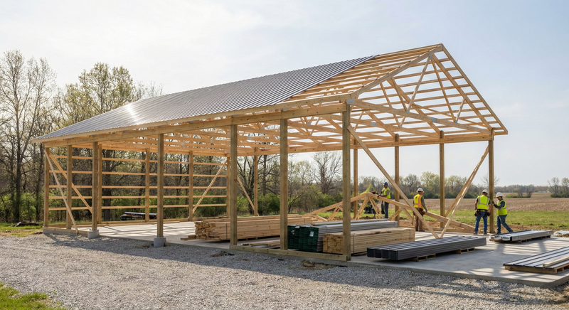 Post frame building under construction with wood framing and crew installation work in rural Indiana — WVPFCO concept