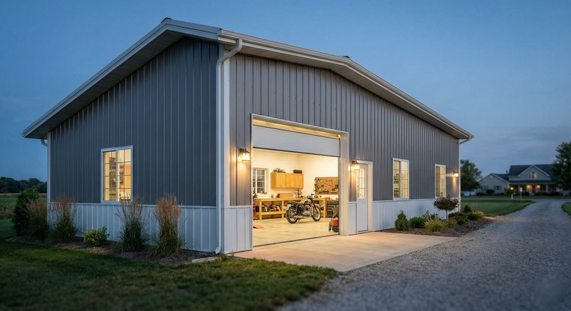WVPFCO Indiana post frame workshop with open garage bay, illuminated interior, and motorcycle storage space