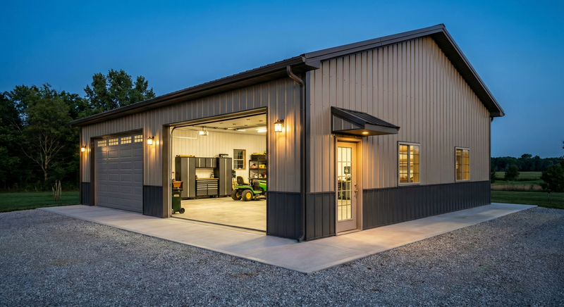WVPFCO Indiana post frame garage with open bay door, illuminated interior workspace, and evening rural landscape
