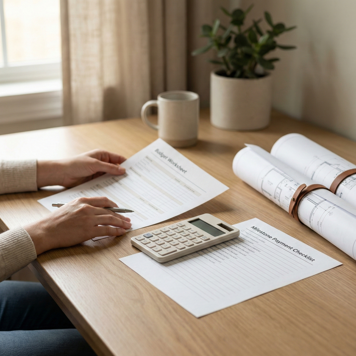 Hands reviewing a milestone payment worksheet beside building plans and a calculator.