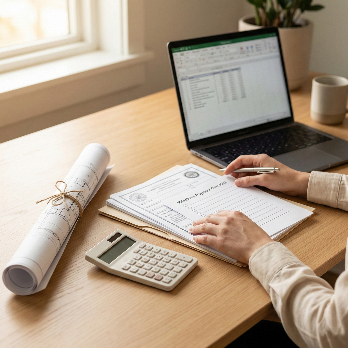 Person working at a desk with a laptop, calculator, and documents.