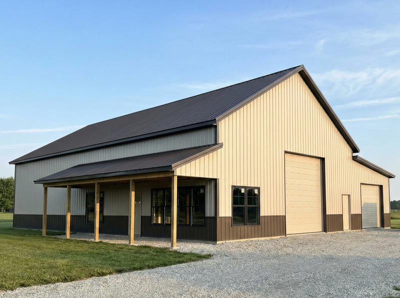 Indiana post frame barn-style building by WVPFCO with dark metal roofing and durable beige exterior siding