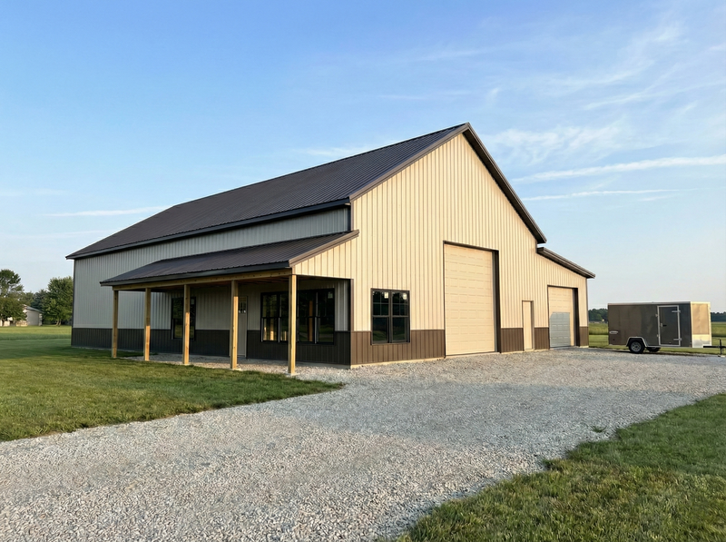 WVPFCO Indiana pole barn with beige exterior walls, black metal roof, and spacious agricultural building layout