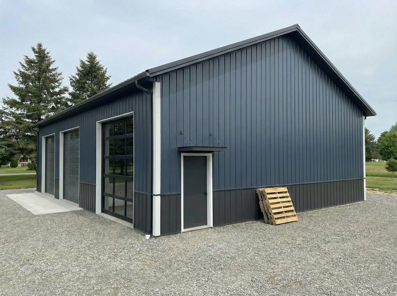 Indiana post frame commercial building by WVPFCO with oversized metal doors and modern exterior design
