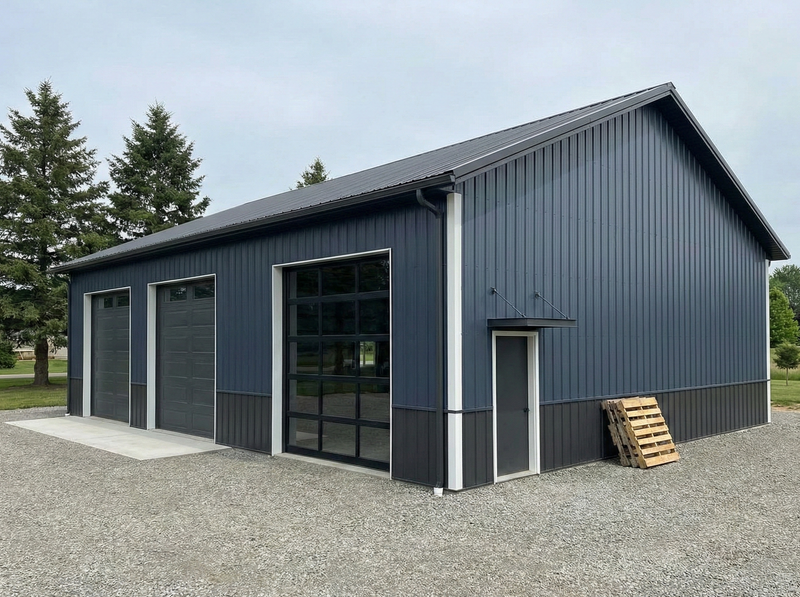 WVPFCO Indiana post frame building with modern metal exterior and multiple overhead garage doors