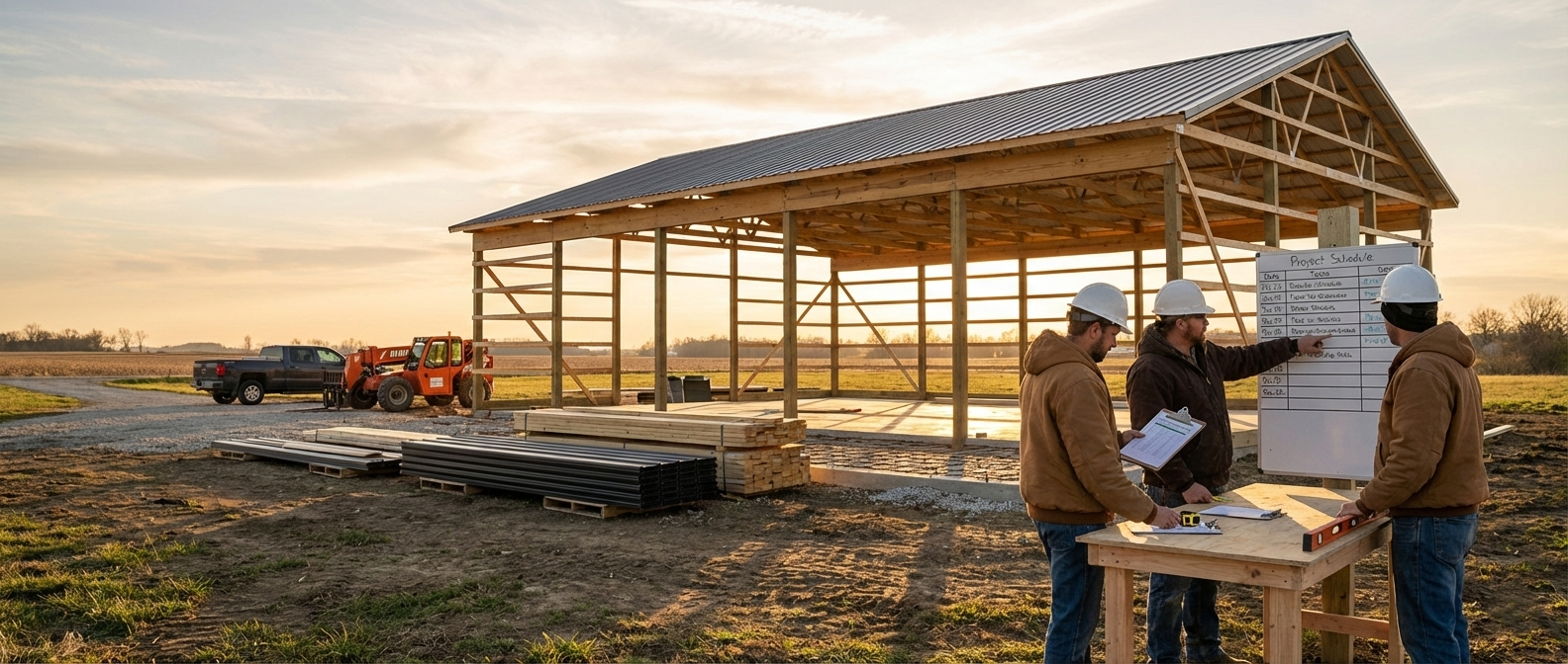 Construction crew reviewing project schedule beside a post frame building under construction with lumber and steel materials in Indiana at sunset — WVPFCO concept