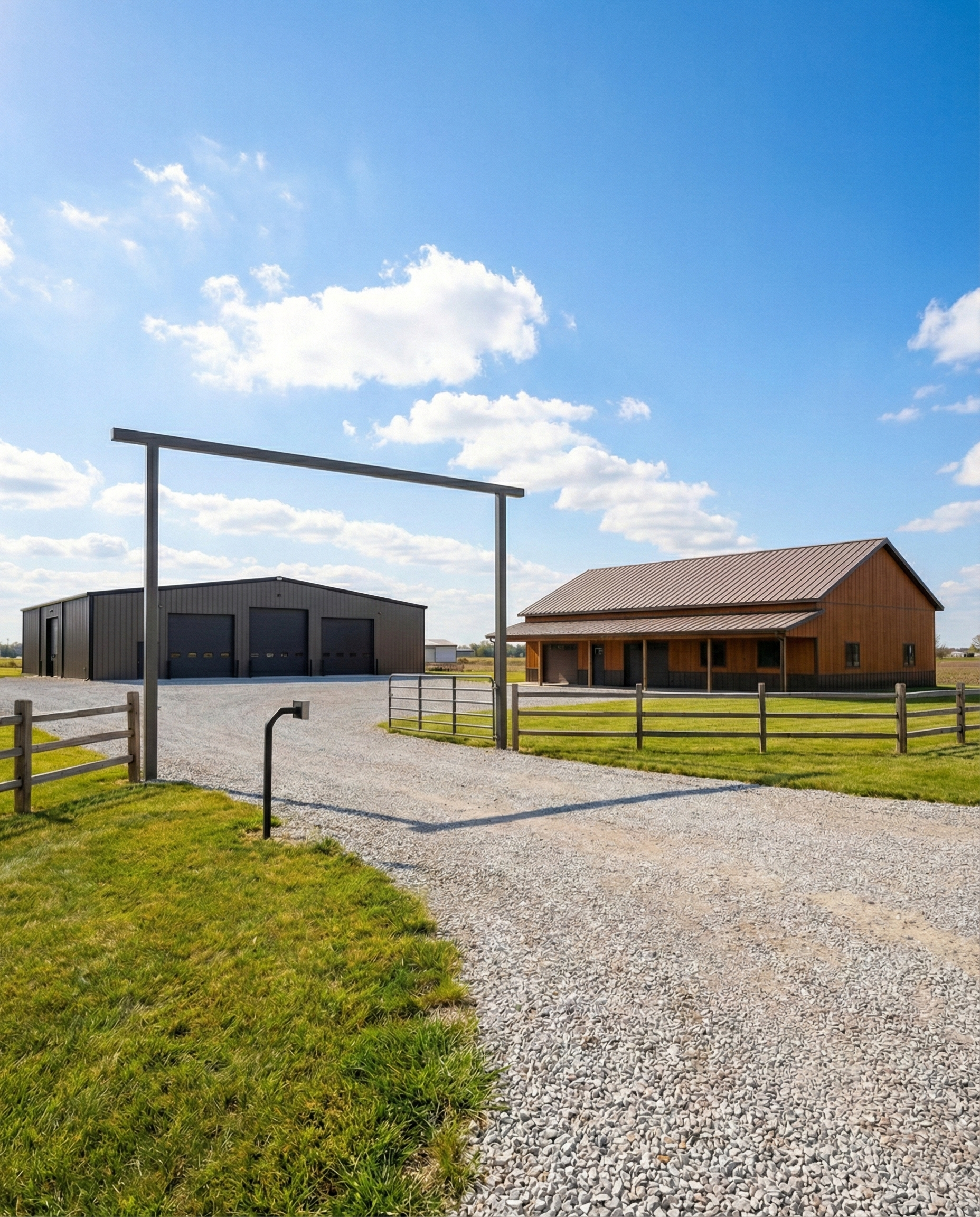 Post frame barn with gravel driveway and metal entry gate in a rural Indiana landscape — WVPFCO concept