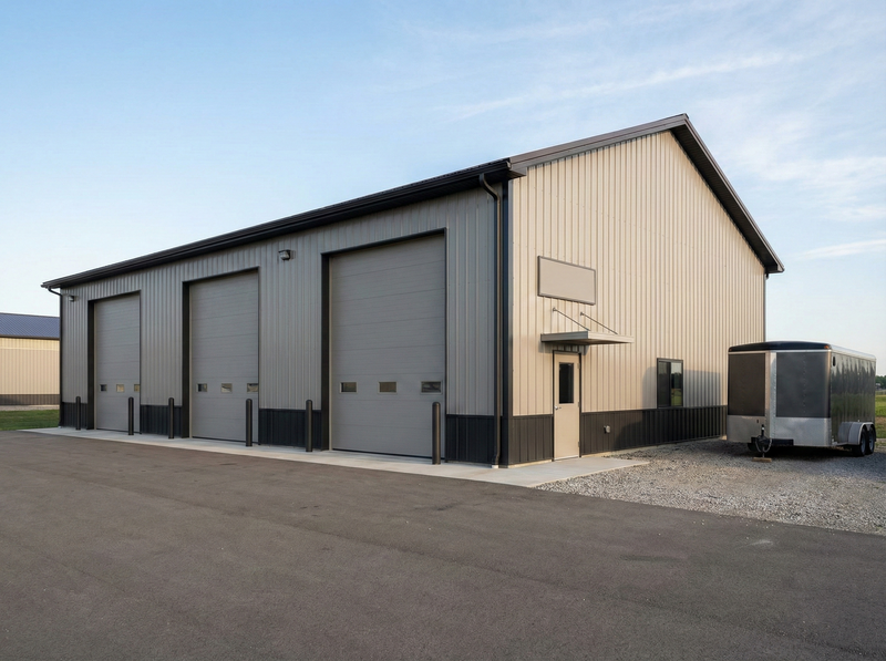 Indiana post frame industrial building by WVPFCO with oversized garage doors and modern commercial exterior design
