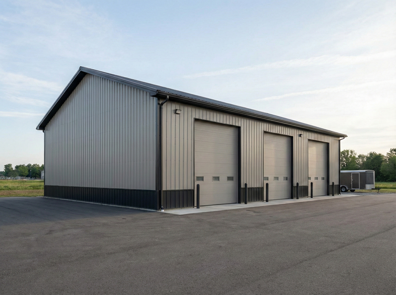 WVPFCO Indiana pole barn industrial facility with multiple overhead garage bays and durable metal construction