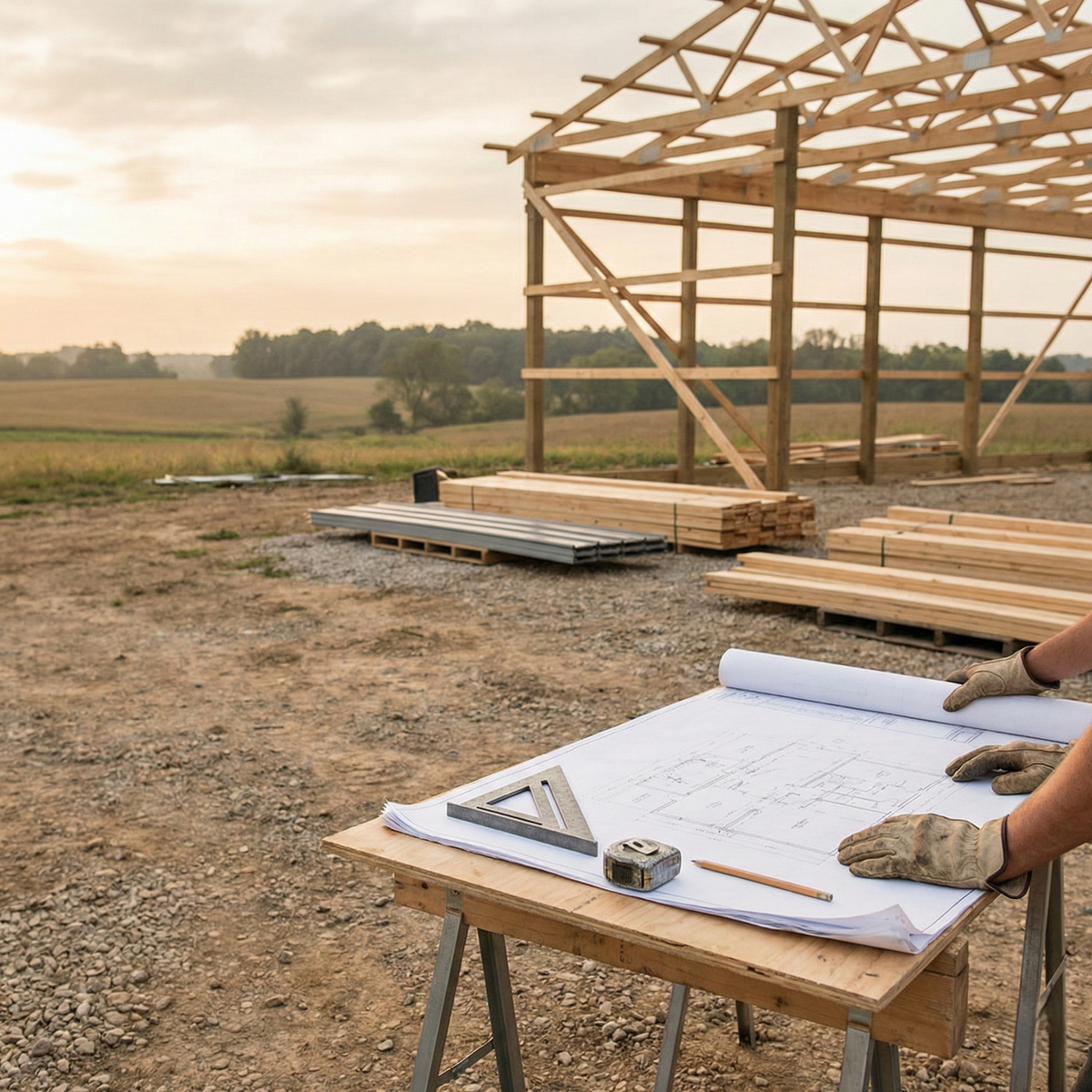 Post frame construction site with wood framing, building plans, and blueprint review in rural Indiana — WVPFCO concept