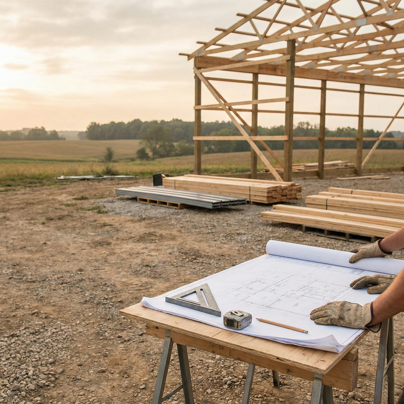 Post frame construction site with wood framing, building plans, and blueprint review in rural Indiana — WVPFCO concept