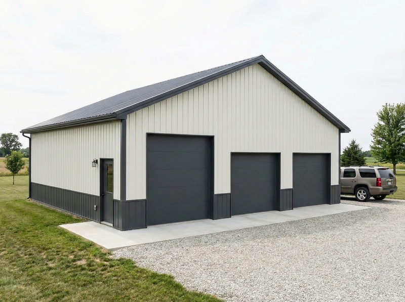 WVPFCO two-story pole barn garage in Indiana with triple overhead doors and spacious rural property access
