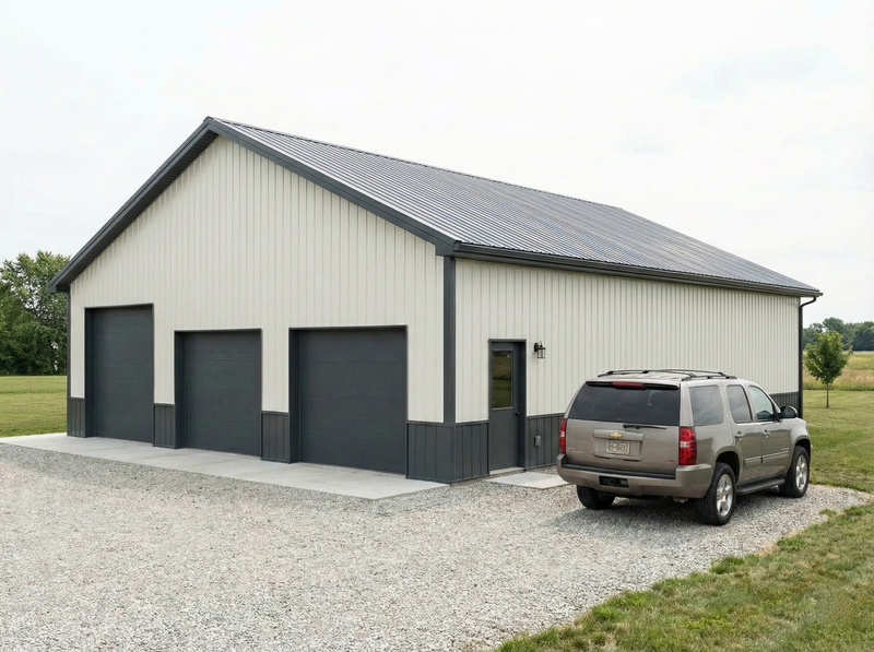 Indiana post frame two-car garage by WVPFCO with beige siding, gray roof, and gravel driveway access