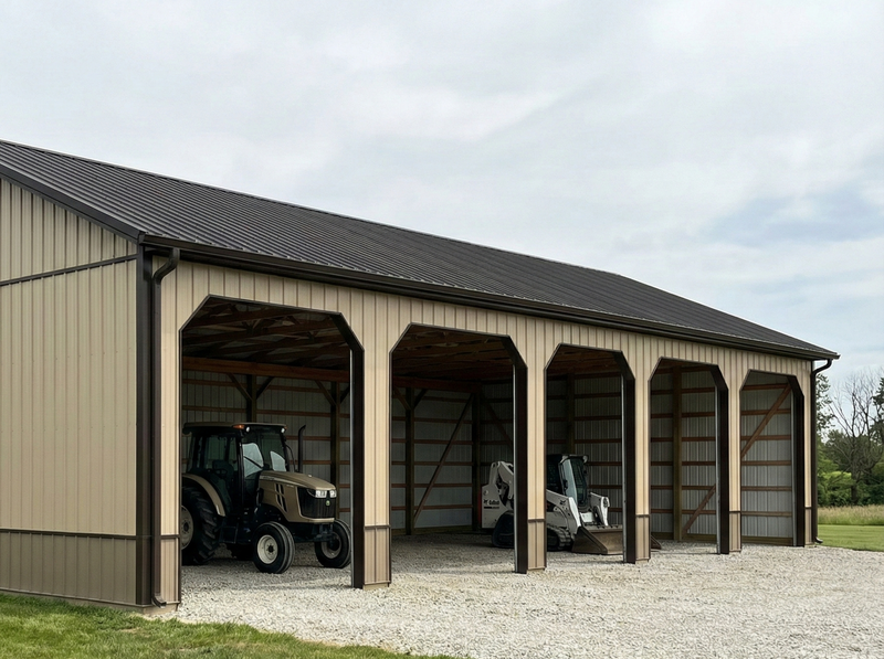 Post frame three-car garage with indoor tractor storage and wide access bays in rural Indiana — WVPFCO concept