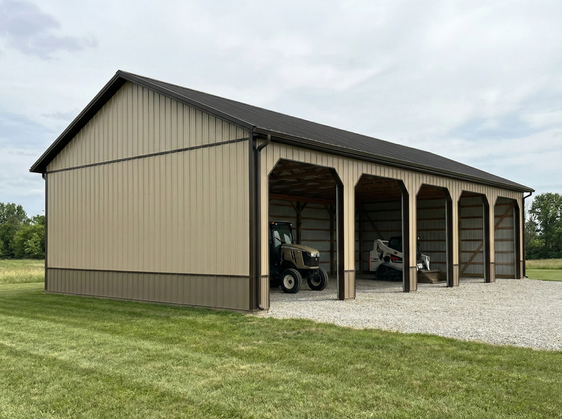 Post frame storage building with attached carport and open grassy surroundings in rural Indiana — WVPFCO concept