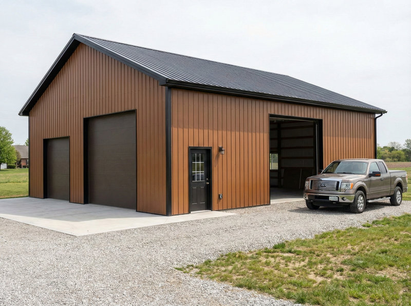 WVPFCO modern Indiana post frame garage with natural wood exterior and pickup truck parking area