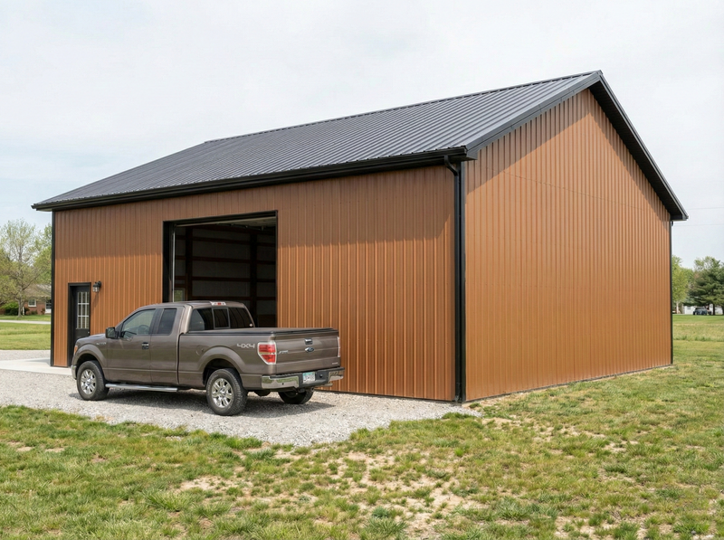 Indiana pole barn garage by WVPFCO featuring brown metal siding and front truck access for daily use