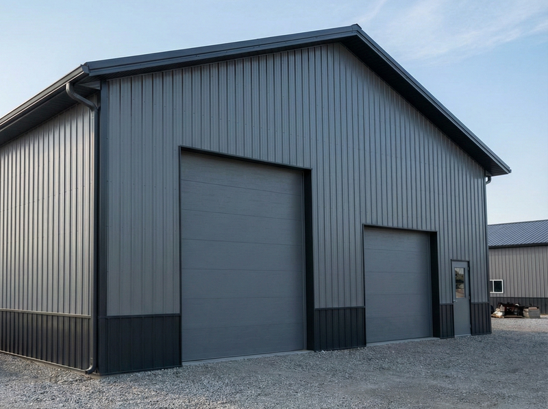 Post frame industrial building with dual overhead garage doors and durable metal construction in Indiana — WVPFCO concept