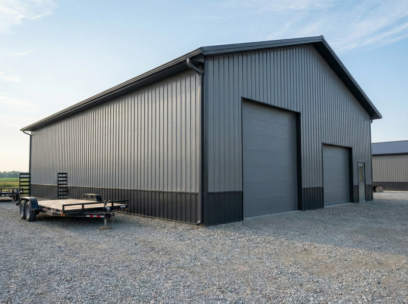 Post frame industrial building with flat roof design and multiple garage doors in Indiana — WVPFCO concept