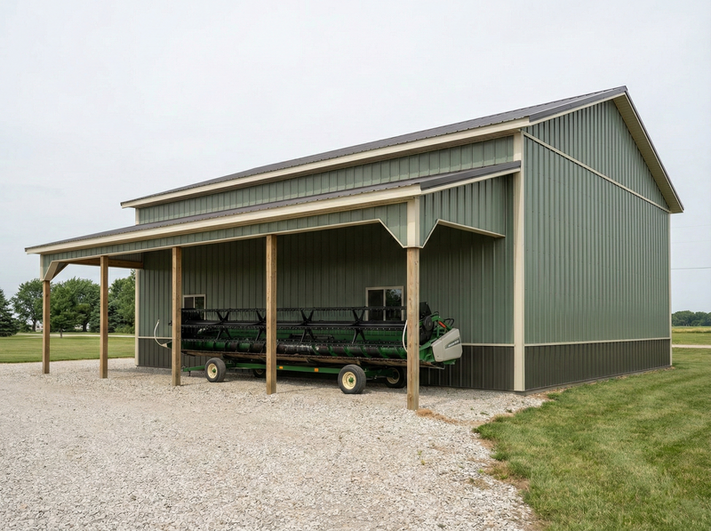 Green metal barn with a covered area for vehicles on a clear day