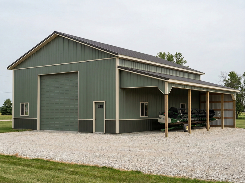 Post frame three-car garage with indoor tractor storage and wide access bays in rural Indiana — WVPFCO concept