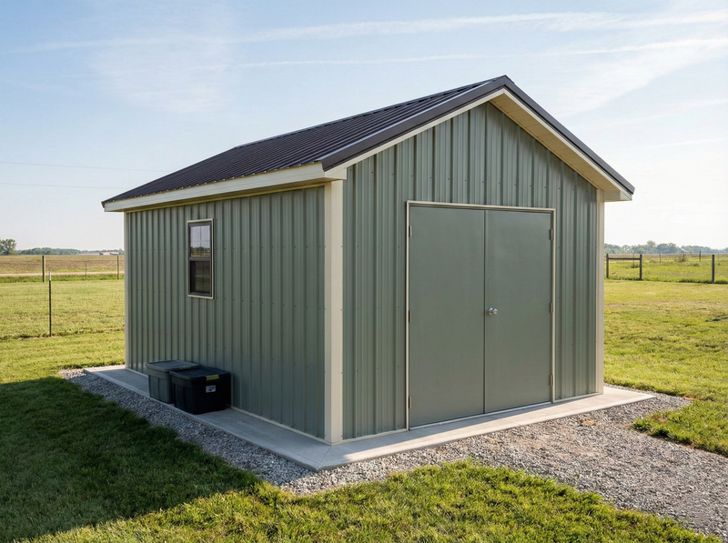 WVPFCO Indiana pole barn storage shed with green metal exterior and durable rural equipment storage design