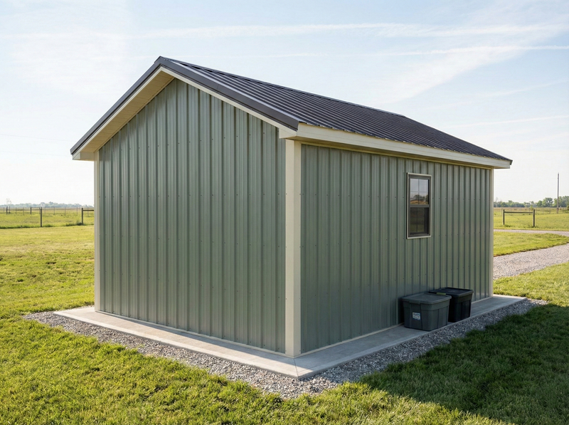 Indiana post frame utility building by WVPFCO with green metal siding and gray roof in an open grassy field