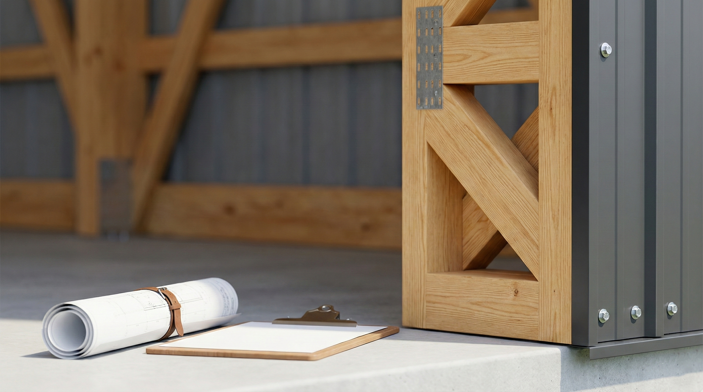 Wooden storage unit with a roll of paper and clipboard on a concrete floor.