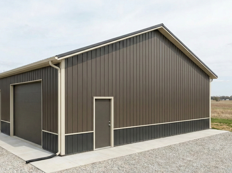 Post frame storage building with brown metal siding and gray roof in a rural Indiana setting — WVPFCO concept