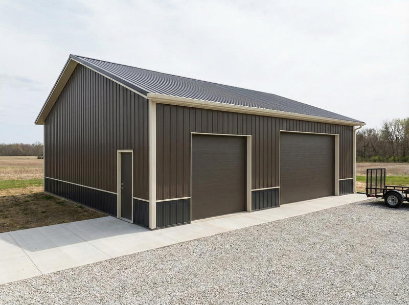 WVPFCO custom two-story post frame garage building with overhead doors and durable metal construction in Indiana